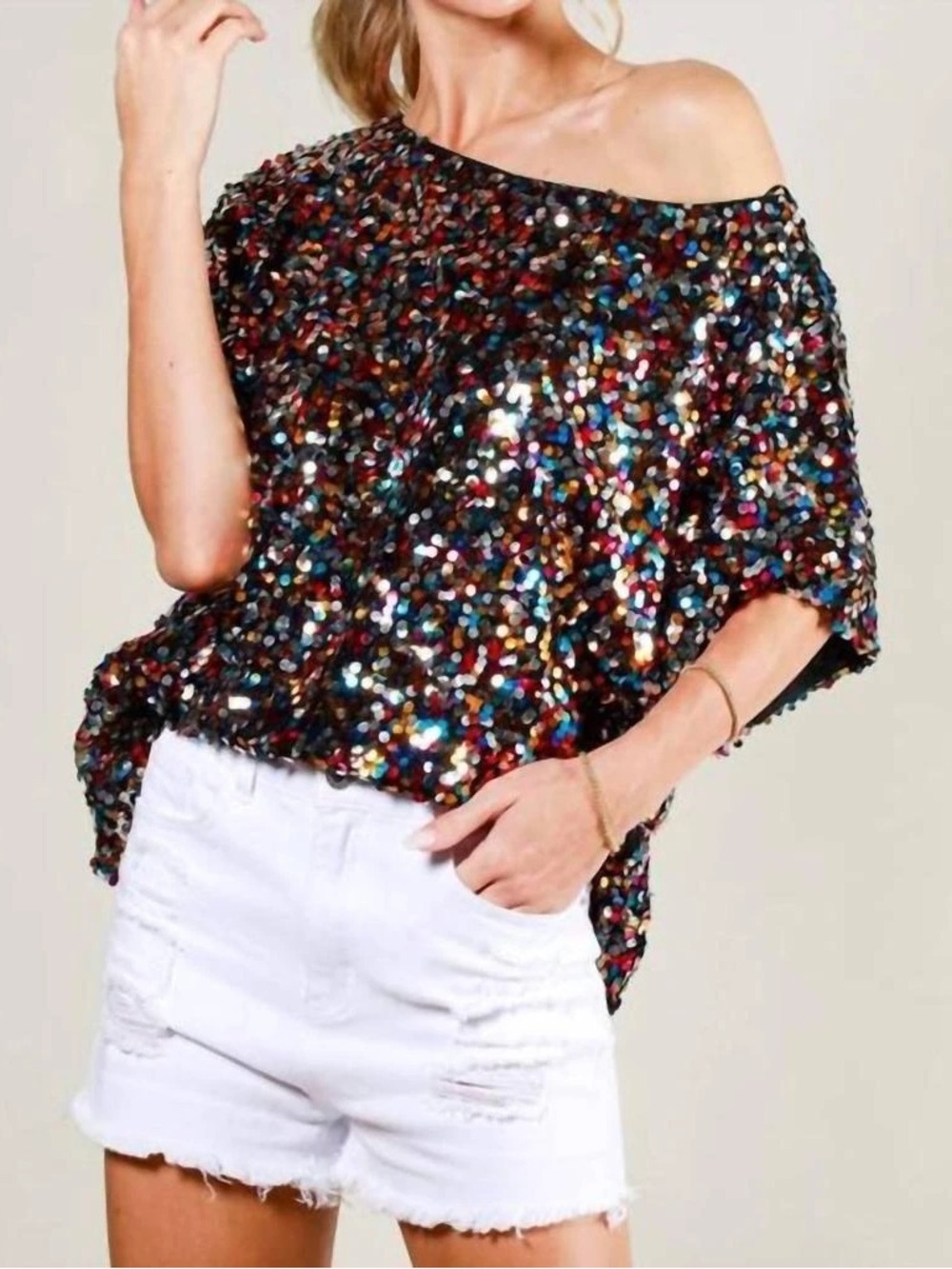 Vine & Love Festive Multicolor Sequin Off-Shoulder SS Tunic - NWT - Wmn’s Sz S